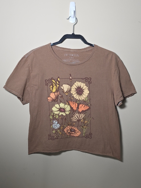 Fifth Sun Tops - Fifth Sun Butterfly Floral Graphic Crop Top Brown Cottagecore Boho Large